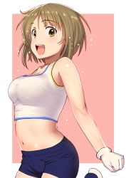 Rule 34 | 10s, 1girl, bare shoulders, blush, breasts, brown eyes, brown hair, gloves, idolmaster, idolmaster cinderella girls, large breasts, looking at viewer, mimura kanako, navel, open mouth, pettan p, short hair, shorts, smile, solo, sweat, tank top, white gloves