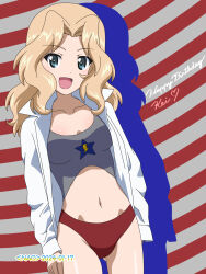 Rule 34 | 1girl, blonde hair, blue eyes, blush, breasts, dated, girls und panzer, happy birthday, highres, kay (girls und panzer), long hair, looking at viewer, naotosi, navel, open mouth, signature, small breasts, smile, solo