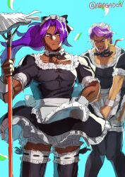 Rule 34 | 2boys, alternate costume, apron, artist name, bhima (fate), blue background, broom, collarbone, covering crotch, covering privates, cowboy shot, crossdressing, dark-skinned male, dark skin, duryodhana (fate), earrings, facial hair, fate/grand order, fate (series), goatee, goatee stubble, highres, holding, holding broom, jewelry, long hair, looking at viewer, maid, maid apron, maid headdress, male focus, mature male, multiple boys, muscular, muscular male, purple eyes, purple hair, ruchi, short hair, simple background, single earring, stubble, white apron