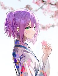 Rule 34 | 1girl, blurry, blurry background, blush, branch, cherry blossoms, devl ga aru, floral print, flower, green eyes, hair between eyes, highres, holding, holding flower, hololive, japanese clothes, kimono, long sleeves, looking at viewer, multicolored hair, parted lips, pink hair, print kimono, purple hair, short sidetail, side ponytail, sidelocks, simple background, solo, tokoyami towa, two-tone hair, upper body, virtual youtuber, white background, white kimono, wide sleeves