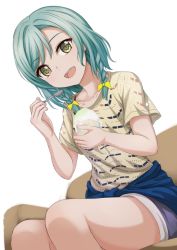 Rule 34 | 1girl, :d, aqua hair, bad id, bad twitter id, bang dream!, blue shirt, bow, braid, clothes around waist, collarbone, commentary request, eating, food, green eyes, hair bow, highres, hikawa hina, holding, holding spoon, narafume, open mouth, print shirt, shaved ice, shirt, shirt around waist, short hair, shorts, side braids, sitting, smile, solo, spoon, white background, yellow bow, yellow shirt