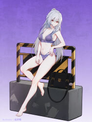 Rule 34 | 1girl, bare arms, bare legs, bare shoulders, barefoot, bra, breasts, grey hair, highres, honkai: star rail, honkai (series), jingliu (honkai: star rail), long hair, looking at viewer, navel, pink eyes, purple background, purple bra, small breasts, smile, solo, stomach, thighs, underwear, very long hair, yunkaiming