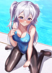 Rule 34 | 1girl, black pantyhose, blue one-piece swimsuit, commission, competition swimsuit, covered navel, gakusen toshi asterisk, grey hair, highleg, highleg swimsuit, highres, long hair, one-piece swimsuit, pantyhose, pantyhose under swimsuit, pixiv commission, pool, poolside, purple eyes, shirosaba, solo, swimsuit, toudou kirin, two side up, water, wet, wet clothes, wet swimsuit