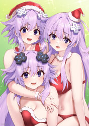 Rule 34 | 3girls, :d, absurdres, adult neptune, bare shoulders, bikini, blush, breasts, christmas, cleavage, commentary request, d-pad, d-pad hair ornament, dress, fur bracelet, fur choker, green background, hair between eyes, hair intakes, hair ornament, hat, highres, hug, katade, large breasts, long hair, looking at viewer, mini hat, mini santa hat, multiple girls, navel, nepgear, neptune (neptunia), neptune (series), open mouth, paid reward available, partial commentary, pink hair, purple eyes, red bikini, red dress, red headwear, santa dress, santa hat, short hair, smile, sparkle, strapless, strapless dress, swimsuit