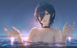 Rule 34 | 1girl, areola slip, black choker, blue hair, blush, breasts, chainsaw man, chinese commentary, choker, collarbone, commentary request, completely nude, green eyes, grenade pin, hair between eyes, hands up, highres, in water, lips, long bangs, looking at viewer, lower teeth only, medium breasts, night, night sky, nude, outdoors, partial commentary, partially submerged, rain, reze (chainsaw man), short hair, sky, smile, solo, teeth, tenshin kagehisa, upper body, water