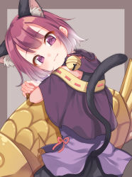 Rule 34 | 1girl, :3, animal ear fluff, animal ears, blush, brown background, brown hair, capelet, cat ears, cat girl, cat tail, closed mouth, commentary request, food, grey background, head tilt, highres, looking at viewer, looking to the side, princess connect!, purple capelet, purple eyes, purple skirt, ribbon trim, sitting, skirt, solo, suzu (minagi), tail, tail raised, tamaki (princess connect!), two-tone background, wagashi