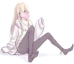 Rule 34 | 1girl, absurdres, bad id, bad pixiv id, bare shoulders, black pantyhose, blonde hair, blowing bubbles, buran (kure), chewing gum, collarbone, commentary request, full body, girls&#039; frontline, glasses, hair ornament, hairclip, head tilt, highres, long hair, long sleeves, looking away, looking to the side, no shoes, off shoulder, oversized clothes, oversized shirt, pantyhose, purple hair, red-framed eyewear, shadow, shirt, sleeves past fingers, sleeves past wrists, soles, solo, sr-3mp (girls&#039; frontline), v-shaped eyebrows, very long hair, white shirt