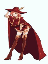 Rule 34 | 1girl, boots, cape, closed mouth, earrings, final fantasy, final fantasy v, green eyes, hat, high heels, jewelry, leaning forward, lenna charlotte tycoon, long sleeves, looking at viewer, pink hair, puffy long sleeves, puffy sleeves, red cape, red hat, red mage (final fantasy), saitou piyoko, short hair, skirt, smile, solo, standing, thigh boots, thighhighs