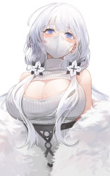 Rule 34 | 1girl, azur lane, bare shoulders, blue eyes, blunt bangs, blurry, blush, breasts, cleavage, cleavage cutout, clothing cutout, depth of field, flower, hair flower, hair ornament, highres, huge breasts, illustrious (azur lane), long hair, low twintails, mask, meme attire, mole, mole under eye, mouth mask, open-chest sweater, silver hair, simple background, solo, sweater, turtleneck, turtleneck sweater, twintails, upper body, white background, white mask, white sweater, yuki (asayuki101)