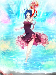 Rule 34 | 1girl, armpits, arms up, barefoot, blue hair, bouquet, dress, flower, idolmaster, idolmaster (classic), jewelry, miura azusa, necklace, one eye closed, red eyes, ribbon, short hair, side slit, smile, solo, tanuki (kurou51532), water, wink