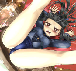 Rule 34 | 1girl, ass, black hair, blue one-piece swimsuit, blush, breasts, brown eyes, crotch, female focus, hattori shizuka, hosoinogarou, medium breasts, military, military uniform, one-piece swimsuit, school swimsuit, solo, strike witches, swimsuit, tears, uniform, world witches series
