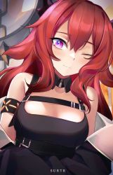 Rule 34 | 1girl, absurdres, arknights, armband, bare shoulders, belt, black belt, blush, breasts, character name, commentary, hair between eyes, highres, horns, long hair, looking at viewer, medium breasts, one eye closed, purple eyes, red hair, solo, surtr (arknights), upper body, wakamepiza