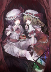 Rule 34 | 2girls, ascot, backless dress, backless outfit, blonde hair, blue eyes, blue hair, cake, childofa, dress, fangs, female focus, flandre scarlet, food, hat, multiple girls, open mouth, plate, red eyes, remilia scarlet, shirt, siblings, side ponytail, sisters, sitting, skirt, skirt set, thighhighs, touhou, white legwear, wings, wrist cuffs