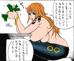 Rule 34 | 1girl, bonten, breasts, cleavage, earrings, highres, hip focus, huge breasts, jewelry, large breasts, long hair, looking to the side, money, nami (one piece), one piece, orange hair, simple background, narrow waist, solo, standing, sweat, tattoo