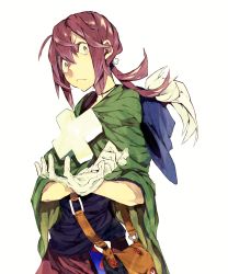 Rule 34 | 1boy, ahoge, bag, blue hat, bukurote, cloak, closed mouth, cross, feathers, gloves, green cloak, hair between eyes, hat, hat feather, highres, long hair, male focus, original, ponytail, red hair, satchel, solo, upper body, white gloves, yellow eyes