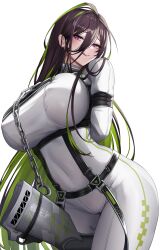 Rule 34 | 1girl, absurdres, arms behind back, between thighs, black hair, bodysuit, bound, bound arms, breasts, chain, contrapposto, covered navel, cowboy shot, cuffs, goddess of victory: nikke, green hair, guilty (nikke), gun, hair behind ear, highres, huge breasts, kurone rinka, long hair, looking at viewer, multicolored hair, parted lips, purple eyes, restrained, shackles, shotgun, skin tight, solo, straitjacket, tongue, tongue out, two-tone hair, very long hair, weapon, white background, white bodysuit
