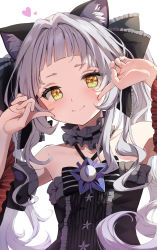 Rule 34 | 1girl, animal ear fluff, animal ears, bare shoulders, black dress, black ribbon, blush, brooch, cat ears, closed mouth, detached sleeves, dress, finger to cheek, flat chest, frilled sleeves, frills, green eyes, hair ribbon, halterneck, hands up, heart, highres, hololive, jewelry, long hair, long sleeves, looking at viewer, murasaki shion, murasaki shion (gothic lolita), ribbon, short eyebrows, silver hair, simple background, smile, solo, star brooch, summer tail720, twintails, virtual youtuber, white background, yellow eyes