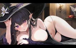Rule 34 | 1girl, bare shoulders, black hair, blunt bangs, blush, breasts, detached sleeves, dress, flower, hat, hat flower, highres, large breasts, long hair, looking at viewer, lying, micro panties, navel, on side, original, panties, parted lips, pointy ears, purple eyes, single thighhigh, solo, thighhighs, thighs, tongtangtong, underwear, witch, witch hat