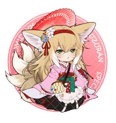 Rule 34 | 1girl, animal ear fluff, animal ears, apron, arknights, black hakama, blonde hair, blush, chibi, chinese commentary, chinese knot, coin purse, commentary request, flower, fox ears, fox girl, fox tail, frilled apron, frills, full body, green eyes, hair between eyes, hair flower, hair ornament, hairband, hakama, hakama skirt, hehehzb, holding, holding umbrella, japanese clothes, kimono, kitsune, kyuubi, long sleeves, looking at viewer, mixed-language commentary, multicolored hair, multiple tails, obi, official alternate costume, oil-paper umbrella, parted lips, partial commentary, pink kimono, pinwheel, pleated skirt, red hairband, red umbrella, sash, sitting, skirt, solo, suzuran (arknights), suzuran (yukibare) (arknights), tail, tassel, two-tone hair, umbrella, waist apron, white apron, white hair, wide sleeves, yagasuri