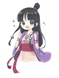 Rule 34 | 1girl, maya fey, black hair, ace attorney, hair ornament, half updo, japanese clothes, jewelry, long hair, looking at viewer, magatama, necklace, open mouth, simple background, smile, solo, tokixxx, white background