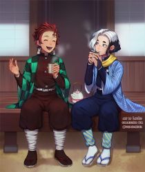 Rule 34 | 2boys, :d, belt, black hair, blue pants, bright pupils, brown legwear, brown pants, character request, closed mouth, commentary, commission, cup, english commentary, closed eyes, hand up, haori, holding, holding cup, japanese clothes, kamado tanjirou, kimetsu no yaiba, lavelis, multicolored hair, multiple boys, open mouth, pants, puffy pants, red hair, sandals, scar on face, scar on forehead, scarf, smile, tabi, teapot, two-tone hair, white hair, white legwear, white pupils, yellow scarf
