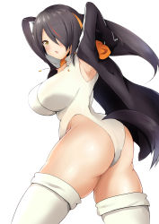 Rule 34 | 10s, 1girl, absurdres, armpits, arms behind head, ass, black hair, black jacket, blush, breasts, brown eyes, commentary, cowboy shot, curvy, emperor penguin (kemono friends), from side, hair over one eye, headphones, highleg, highleg leotard, highres, hood, hoodie, jacket, kemono friends, kirikan (cokekiri), large breasts, leotard, long hair, looking at viewer, looking back, multicolored hair, open mouth, short hair, simple background, solo, standing, tail, thighs, white background, white legwear, white leotard