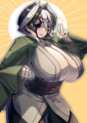 Rule 34 | 1girl, black hair, breasts, cleavage, clenched hand, cosplay, highres, huge breasts, looking at viewer, made in abyss, mikiji, naruto (series), ozen, sash, smile, solo, sparkle, tsunade (naruto), tsunade (naruto) (cosplay), white hair, wide sleeves