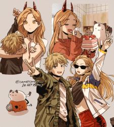 Rule 34 | 1boy, 1girl, black shirt, blank stare, blonde hair, cake, candle, carrotsprout, cat, chainsaw man, closed eyes, coat, crop top, denji (chainsaw man), food, fruit, green jacket, highres, holding, holding spoon, horns, jacket, jersey, kitchen, long hair, looking at viewer, looking to the side, meowy (chainsaw man), midriff, open mouth, pochita (chainsaw man), power (chainsaw man), red horns, sharp teeth, shirt, short hair, sleeves past wrists, spoon, strangling, strawberry, strawberry shortcake, sunglasses, sweater, teeth, trench coat, twitter username, v, white cat, white shirt, yellow eyes