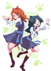 Rule 34 | 2girls, animal ears, aqua eyes, barbara parker, black hair, breasts, brown hair, cat ears, full body, hands up, hannah england, highres, hys-d, kemonomimi mode, leg up, little witch academia, long hair, long sleeves, looking at viewer, multiple girls, open mouth, paw pose, paw print, shirt, skirt, smile, tail, white shirt, yellow eyes