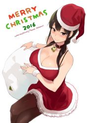 Rule 34 | 1girl, 2016, artist name, bare shoulders, bell, black hair, blush, breasts, brown eyes, brown pantyhose, christmas, circle name, cleavage, collar, crossed legs, from above, hat, large breasts, long hair, low twintails, merry christmas, neck bell, pantyhose, sack, santa hat, sasamori tomoe, simple background, smile, solo, succubus stayed life, twintails, white background, yomisawa tsukino