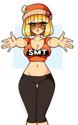 Rule 34 | 1girl, arms (game), beanie, blonde hair, blunt bangs, blush, breasts, cleavage, collarbone, crop top, domino mask, facing viewer, feet out of frame, green eyes, hat, highres, large breasts, looking at viewer, mask, medium breasts, meme, midriff, min min (arms), my little pogchamp (meme), navel, nintendo, orange shirt, outstretched arms, pants, raranuki, red lips, shirt, short hair, short sleeves, simple background, smile, solo, standing, t-shirt, thigh gap, tight clothes, tight pants, white background, yoga pants