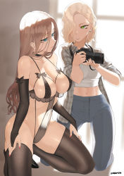 Rule 34 | 2girls, bare shoulders, black legwear, blonde hair, blue eyes, breast press, breasts, brown hair, camera, cleavage, clothing cutout, collar, crop top, denim, elbow gloves, gloves, green eyes, hands on own hips, hands on own thighs, hands on thighs, highres, impossible clothes, jeans, kneeling, large breasts, lingerie, looking at another, multiple girls, nail polish, naughty face, navel, navel cutout, original, pants, parted lips, ribbon trim, shiny skin, smile, spread legs, taking picture, thighhighs, throtem, underwear