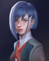 Rule 34 | 1girl, asymmetrical hair, black background, blue hair, bob cut, breasts, close-up, closed mouth, darling in the franxx, dress, eyelashes, green eyes, grey dress, hair ornament, hairclip, highres, ichigo (darling in the franxx), light blush, light particles, lips, looking at viewer, nose, pink lips, portrait, realistic, small breasts, solo, thick eyebrows, uniform, yiian56