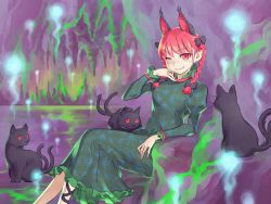 Rule 34 | 1girl, animal, animal ears, blush, bow, braid, cat, cat ears, dress, extra ears, green dress, hair bow, hair ornament, highres, hitodama, kaenbyou rin, kugata1, leg ribbon, long sleeves, looking at viewer, multiple tails, one eye closed, pointy ears, puffy sleeves, red eyes, red hair, ribbon, short hair, sitting, slit pupils, smile, solo, tail, touhou, twin braids