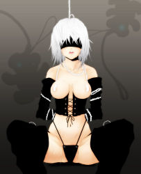 Rule 34 | 00s, 1girl, ahoge, albino, arms behind back, asphyxiation, bdsm, black panties, black thighhighs, blindfold, bondage, bound, breasts, corset, elbow gloves, gloves, hanged, large breasts, navel, noose, open mouth, original, panties, partially visible vulva, pasties, rope, saiki misaki, saliva, short hair, sitting, solo, soutatsu, spread legs, stuffed animal, stuffed toy, sweat, tape, tape on nipples, teddy bear, teizokurei daydream, thighhighs, underwear, white hair