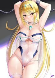 Rule 34 | 1girl, armpits, arms up, blonde hair, bound, bound wrists, breasts, chain, chained wrists, cleavage, cleavage cutout, clothing cutout, daive, gluteal fold, highres, large breasts, leotard, mythra (xenoblade), navel, see-through, skin tight, skindentation, solo, swimsuit, thick thighs, thigh gap, thigh strap, thighs, xenoblade chronicles (series), xenoblade chronicles 2, yellow eyes