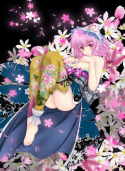 Rule 34 | 1girl, alternate costume, bad id, bad pixiv id, barefoot, blue nails, breasts, covering privates, covering breasts, feet, female focus, floral print, flower, hat, highres, japanese clothes, kimono, legs, nail polish, nekokotei, no bra, pink eyes, pink hair, print thighhighs, saigyouji yuyuko, short hair, solo, thighhighs, toenail polish, toenails, touhou, yellow thighhighs