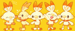 Rule 34 | !, alternate color, animal ears, arm up, artist name, closed eyes, closed mouth, covering own mouth, creatures (company), expressions, from side, game freak, gen 8 pokemon, hand up, heart, mugita konomi, musical note, nintendo, open mouth, orange eyes, parted lips, pokemon, pokemon (creature), rabbit ears, scorbunny, shiny and normal, shiny pokemon, smile