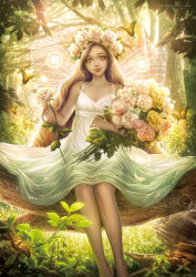 Rule 34 | 1girl, artist name, barefoot, bouquet, breasts, brown hair, bug, butterfly, day, dress, fairy, fairy wings, feet out of frame, flower, forest, head wreath, highres, holding, holding flower, insect, long hair, looking at viewer, nature, original, outdoors, plant, sitting, sitting on branch, small breasts, solo, stf amagihana, tree, very long hair, white dress, wings, yellow butterfly