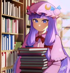 Rule 34 | 1girl, artist name, blue eyes, blunt bangs, blurry, blurry background, book, book stack, bookshelf, capelet, closed mouth, crescent, crescent hat ornament, dress, expressionless, hat, hat ornament, highres, holding, holding book, indoors, kumaartsu, long hair, long sleeves, mob cap, patchouli knowledge, pink capelet, pink dress, pink hat, purple hair, signature, solo, touhou, very long hair, window