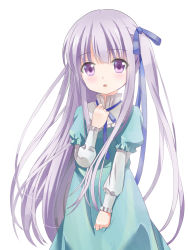 Rule 34 | 10s, 1girl, blue dress, dress, gotou jun, hand on own chest, highres, long hair, open mouth, purple eyes, purple hair, ribbon, side ponytail, solo, tenshi no 3p!, tk (tk47773), very long hair
