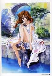Rule 34 | 1girl, absurdres, ankle lace-up, artbook, bare legs, bare shoulders, barefoot, blush, breasts, brown hair, cleavage, cross-laced footwear, dress, feet, green eyes, hand on own knee, highres, leaf, leg up, legs, light smile, long hair, long legs, looking at viewer, medium breasts, mew (words worth), nature, no panties, outdoors, rin-sin, sandals, scan, shoes, unworn shoes, single shoe, sitting, solo, stairs, sundress, water, wind, words worth