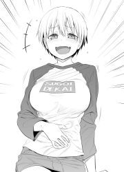 Rule 34 | 1girl, :d, borrowed character, breasts, clothes writing, cowboy shot, fang, greyscale, hand on own stomach, himura kiseki, large breasts, laughing, long sleeves, looking at viewer, miniskirt, monochrome, open mouth, original, raglan sleeves, revision, short hair, simple background, skirt, smile, solo, sugoi dekai, tears, translated, uzaki-chan wa asobitai!, uzaki hana, white background