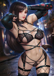 Rule 34 | 1girl, abs, arm guards, armpits, arms up, black bra, black hair, black panties, black thighhighs, blurry, blurry background, bra, brown eyes, capcom, elbow gloves, final fantasy, final fantasy vii, final fantasy vii remake, fingerless gloves, garter straps, gloves, lace, lace bra, lace panties, lingerie, long hair, looking at viewer, narrow waist, navel, neoartcore, outdoors, panties, parted lips, red eyes, smile, solo, stomach, sweat, swept bangs, thighhighs, tifa lockhart, toned, underwear, very long hair