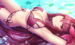 Rule 34 | 1girl, armpits, arms up, bikini, blurry, blurry foreground, blush, breasts, cleavage, collarbone, day, dolce (dolsuke), fate/grand order, fate (series), fish, flower, hair flower, hair ornament, hibiscus, jewelry, large breasts, long hair, looking at viewer, lying, navel, on back, outdoors, partially submerged, purple bikini, purple hair, red eyes, scathach (fate), scathach (fate/grand order), scathach (swimsuit assassin) (fate), shiny skin, sidelocks, smile, solo, sparkle, swimsuit, very long hair