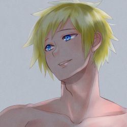 Rule 34 | 1boy, artist request, bare shoulders, blonde hair, blue eyes, collarbone, grey background, highres, jaune arc, long image, looking to the side, male focus, neck, nude, rwby, short hair, simple background, smile, tall image, upper body