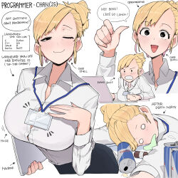 Rule 34 | 1girl, arrow (symbol), blonde hair, blush, breasts, buttons, clenched hand, clenched teeth, closed mouth, collared shirt, computer, cowboy shot, english text, half-closed eye, holding, holding laptop, lanyard, laptop, large breasts, long sleeves, multiple views, office lady, ohasi, one eye closed, open hand, open mouth, original, red bull, shirt, smile, speech bubble, tareme, teeth, upper body, v-shaped eyebrows, white shirt