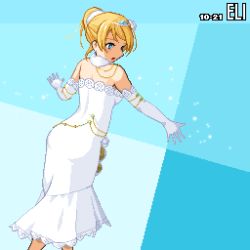 Rule 34 | 1girl, ayase eli, bare shoulders, blonde hair, blue eyes, blush, breasts, bridal veil, bride, buttons, cleavage, dress, earrings, elbow gloves, female focus, flower, frills, from behind, fur collar, garter straps, gloves, hair between eyes, hair bobbles, hair ornament, hair scrunchie, high ponytail, jewelry, long hair, looking at viewer, looking back, love live!, love live! school idol festival, love live! school idol project, medium breasts, noeejang, outstretched arms, parted lips, pixel art, ponytail, scrunchie, short hair, sideboob, skirt, smile, solo, strapless, strapless dress, thighhighs, tiara, veil, wedding, wedding dress, white dress, white flower, white gloves, white scrunchie, white skirt, white thighhighs