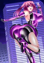 Rule 34 | 1girl, absurdres, ass, bare shoulders, blush, bodysuit, breasts, city, elbow gloves, from behind, gloves, high heels, highres, huge ass, huge breasts, kogawawaki, kunai, long hair, looking at viewer, looking back, ninja, open mouth, original, pink hair, ponytail, purple eyes, shiny clothes, sideboob, skin tight, skirt, solo, weapon
