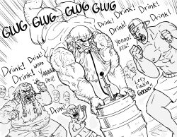 abs absurdres alcohol barrel baseball_cap bb_(baalbuddy) creature dwarf english_text goblin hat highres keg male_focus muscular muscular_male orc veins